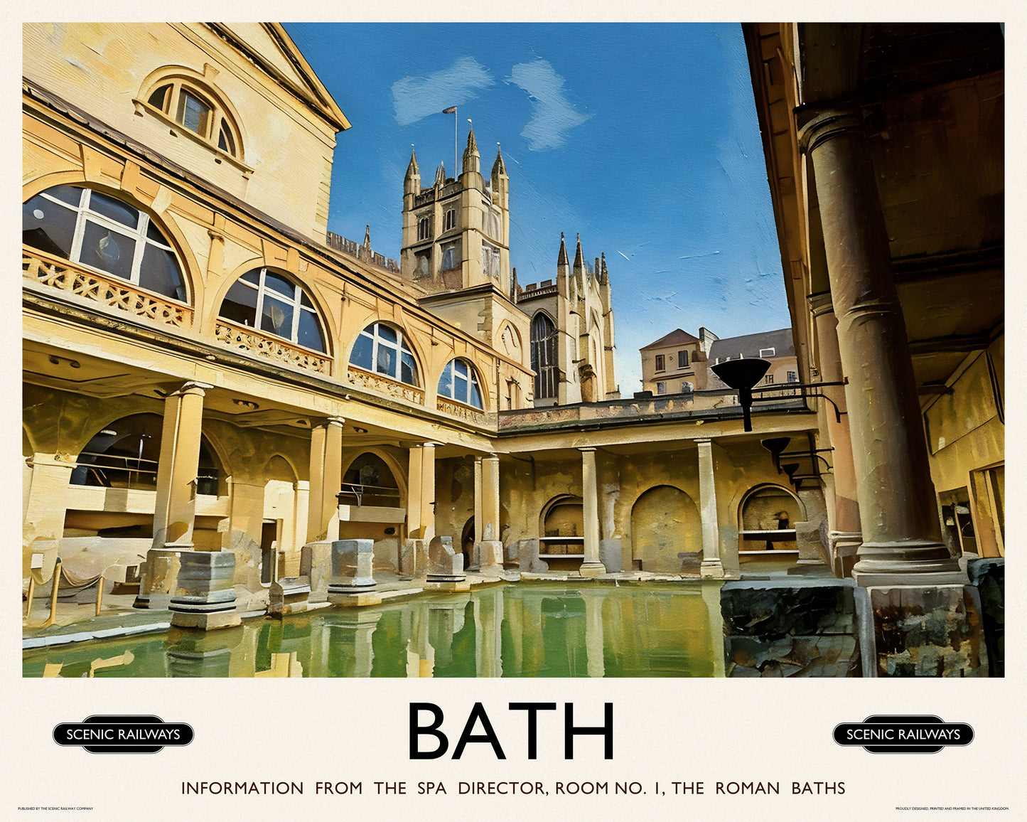 Vintage travel poster- Bath, The Roman Baths - Scenic Railways