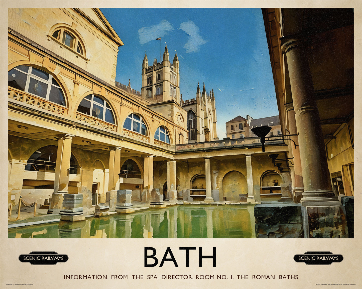 Vintage travel poster- Bath, The Roman Baths - Scenic Railways