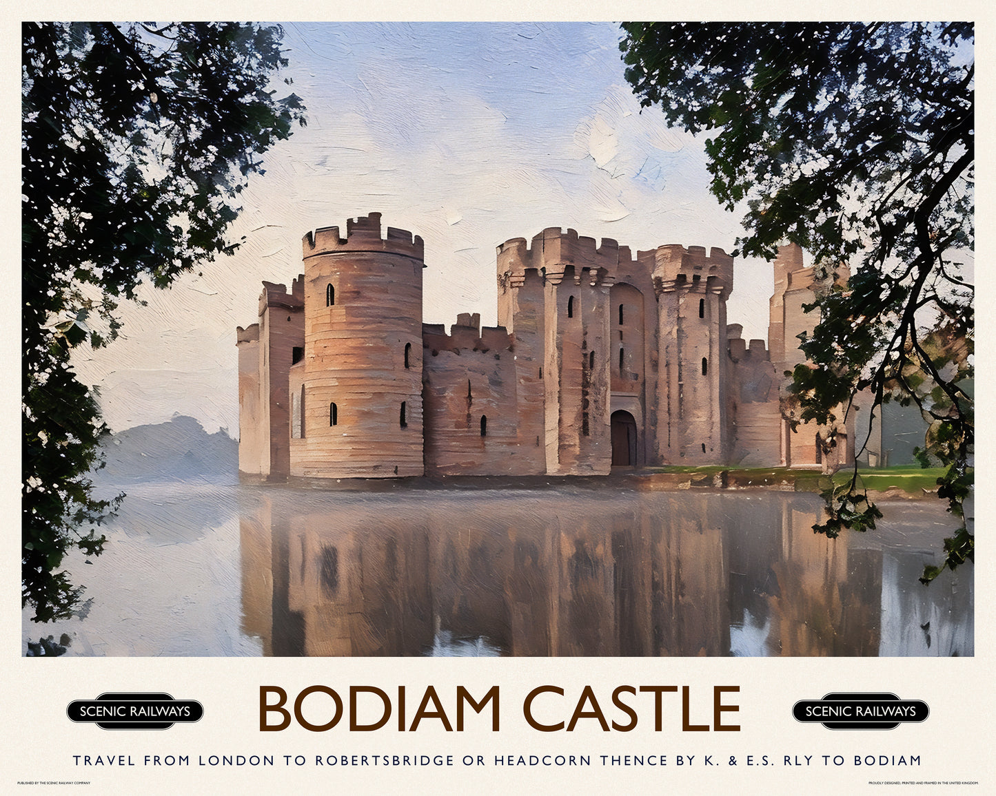 Vintage travel poster- Bodiam Castle, East Sussex - Scenic Railways