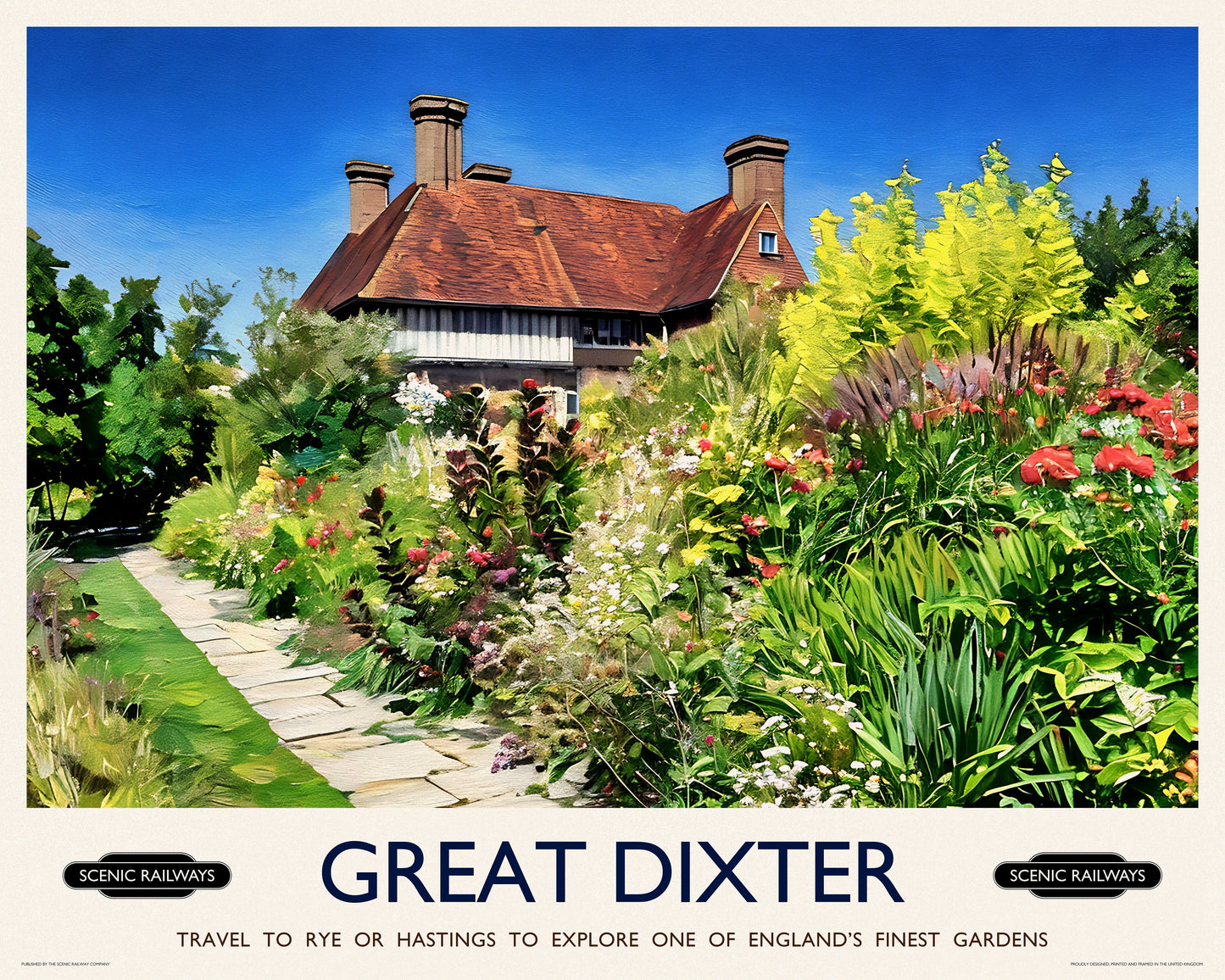 Vintage travel poster- Great Dixter, East Sussex - Scenic Railways