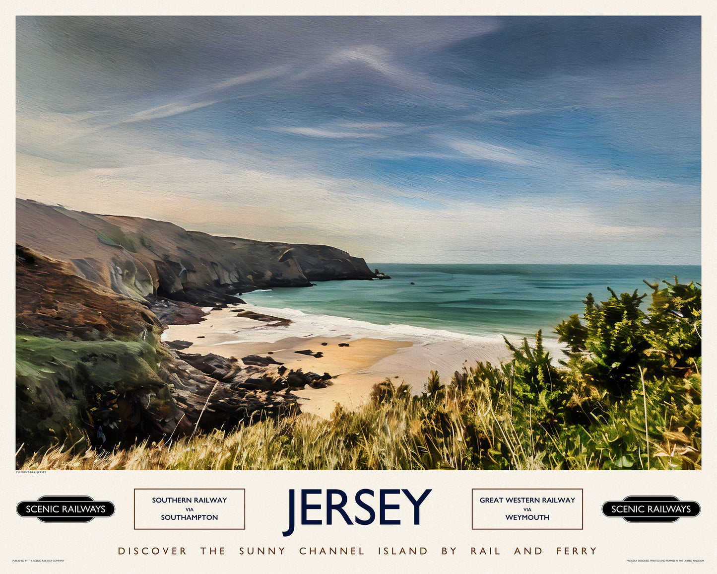 Vintage travel poster- Jersey, Plemont Bay - Scenic Railways