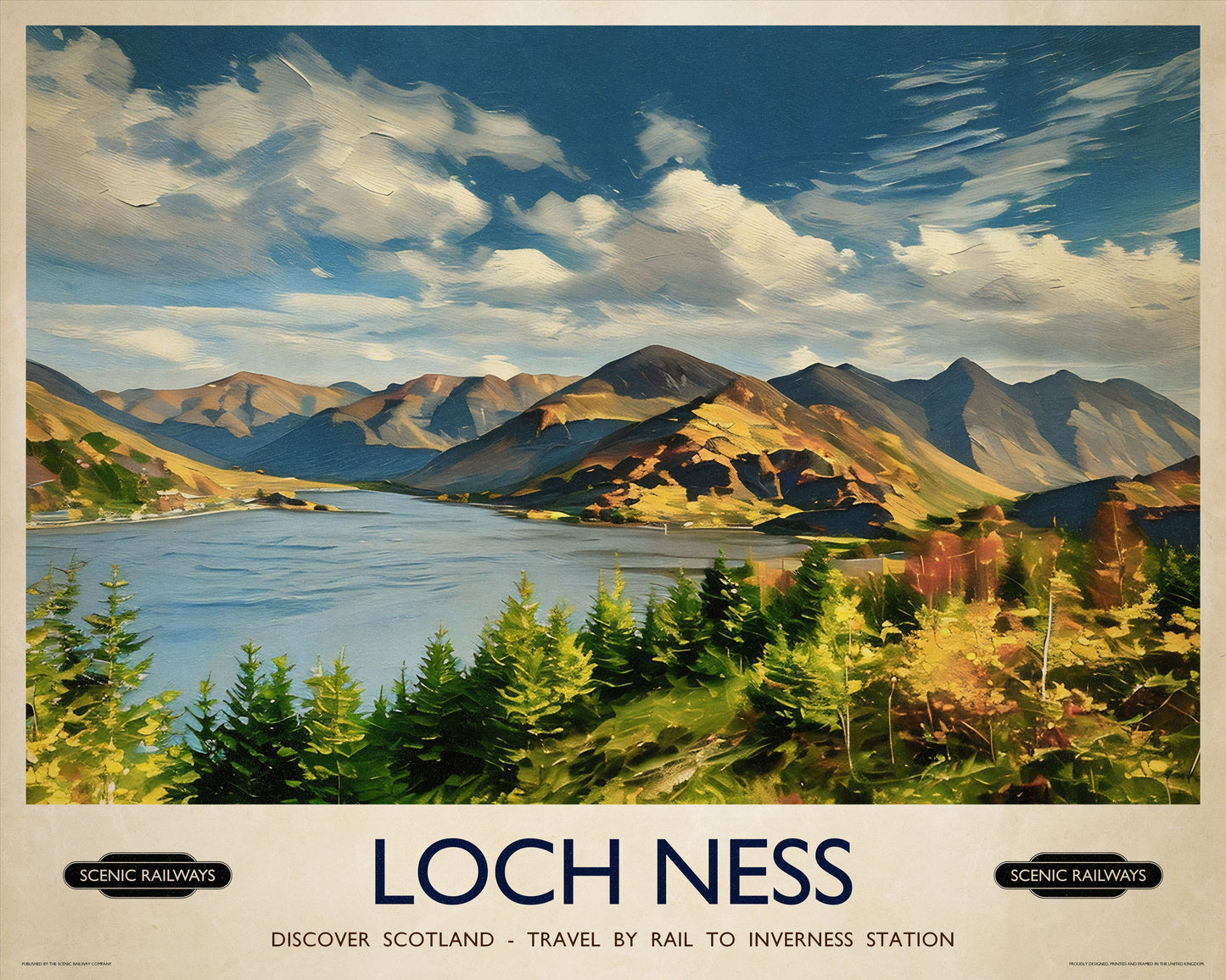 Vintage travel poster- Loch Ness, Scottish Highlands - Scenic Railways