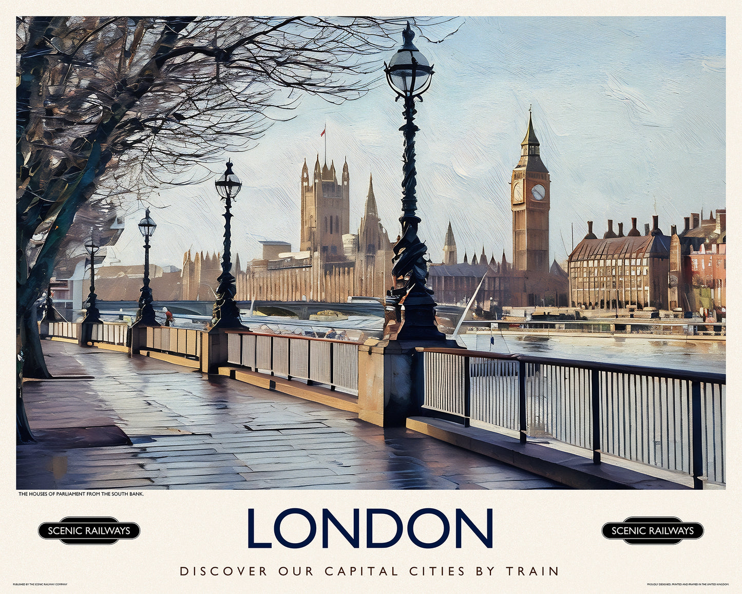 Vintage travel poster- London, The Houses of Parliament from the South Bank - Scenic Railways