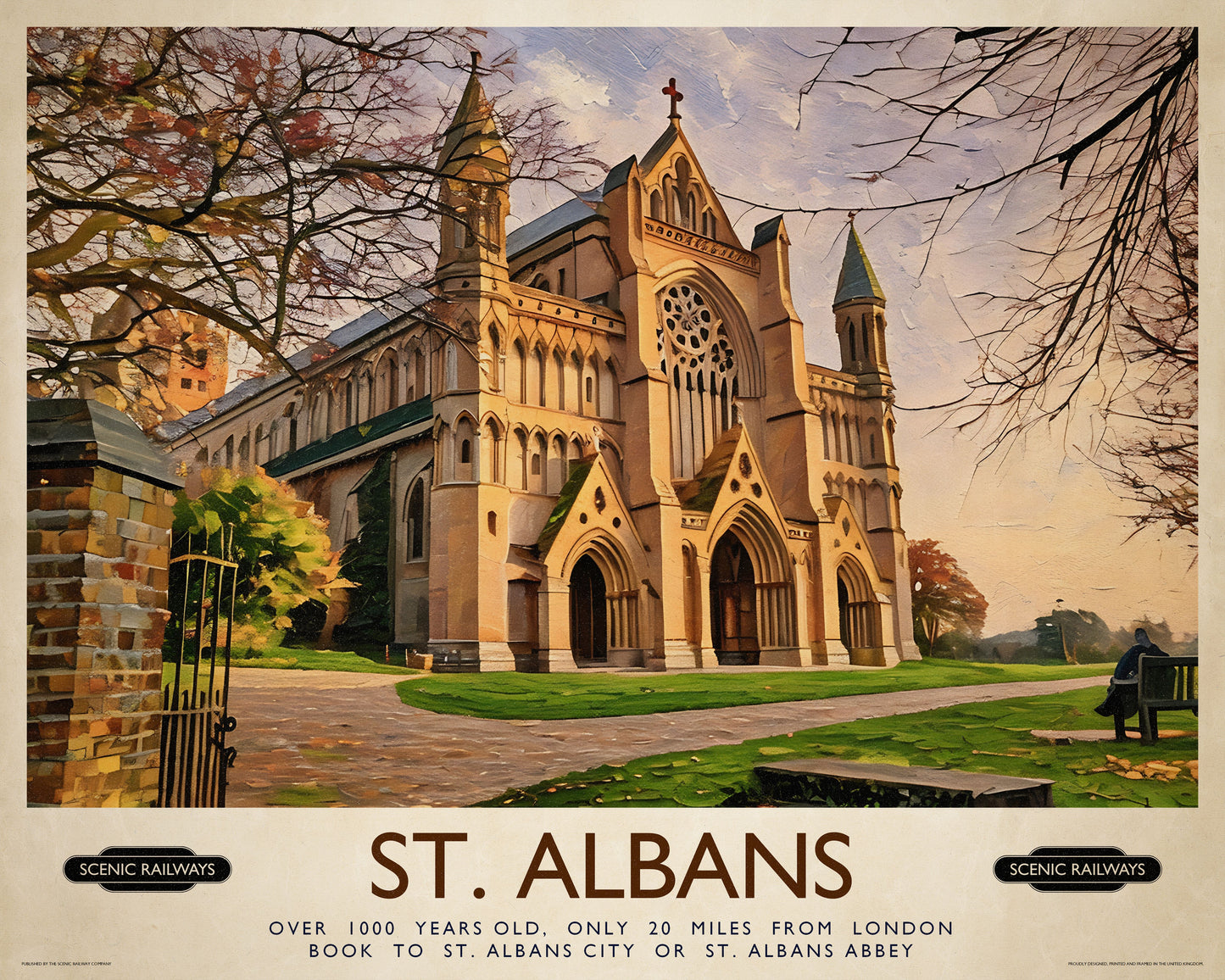 Vintage travel poster- St. Albans, The Cathedral - Scenic Railways