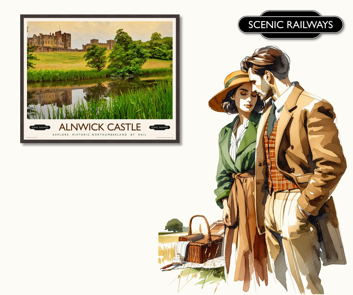 Vintage travel poster- Alnwick Castle, Northumberland - Scenic Railways