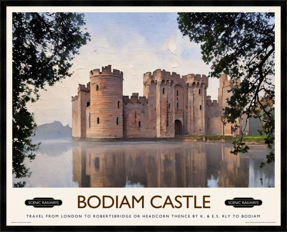 Vintage travel poster- Bodiam Castle, East Sussex - Scenic Railways