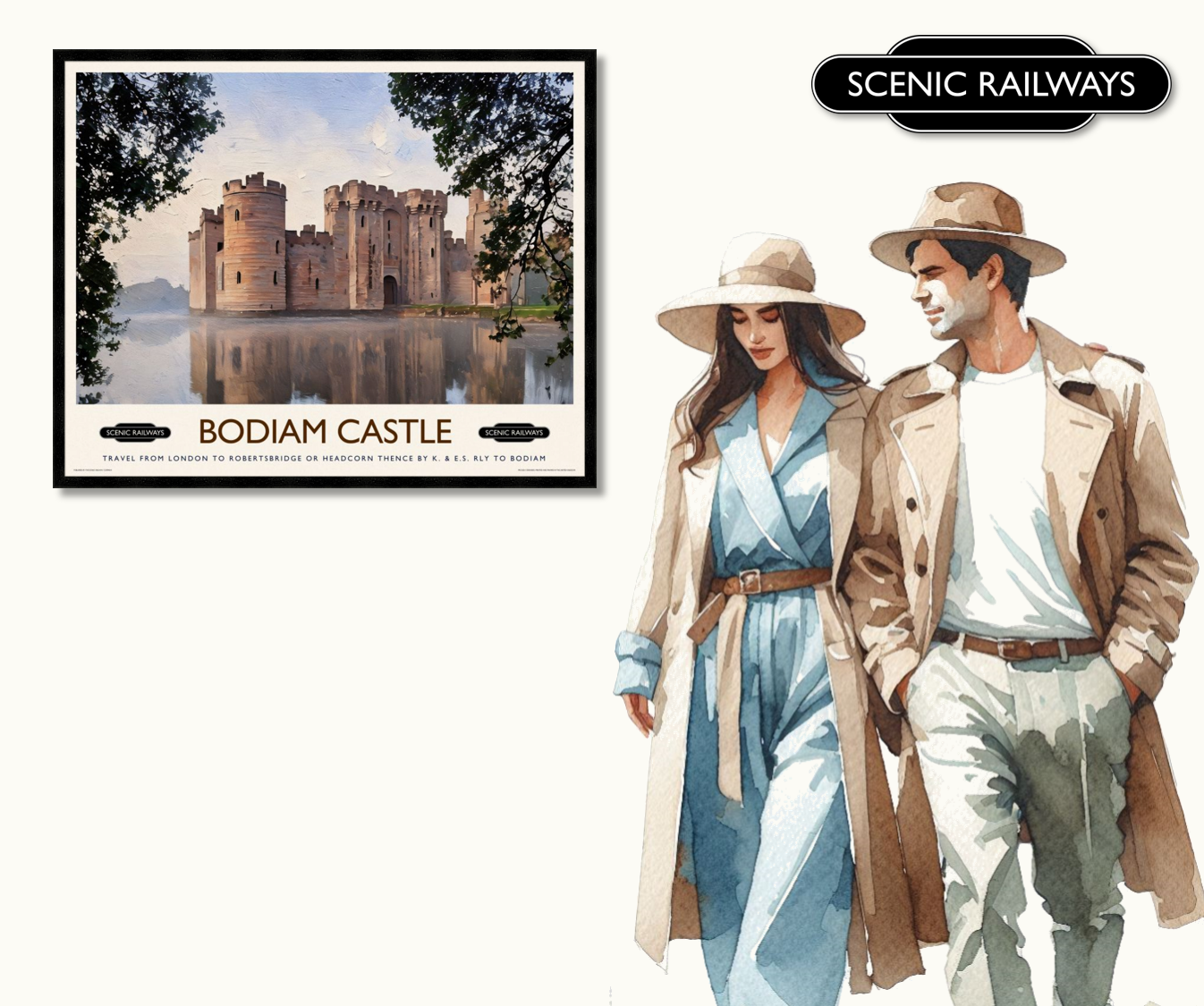 Vintage travel poster- Bodiam Castle, East Sussex - Scenic Railways