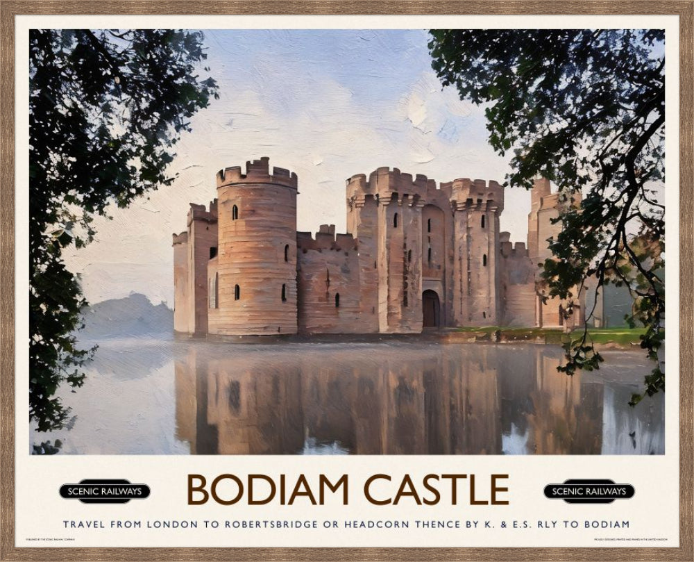 Vintage travel poster- Bodiam Castle, East Sussex - Scenic Railways