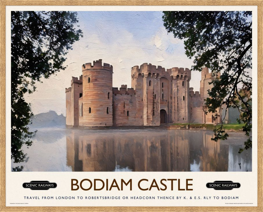 Vintage travel poster- Bodiam Castle, East Sussex - Scenic Railways
