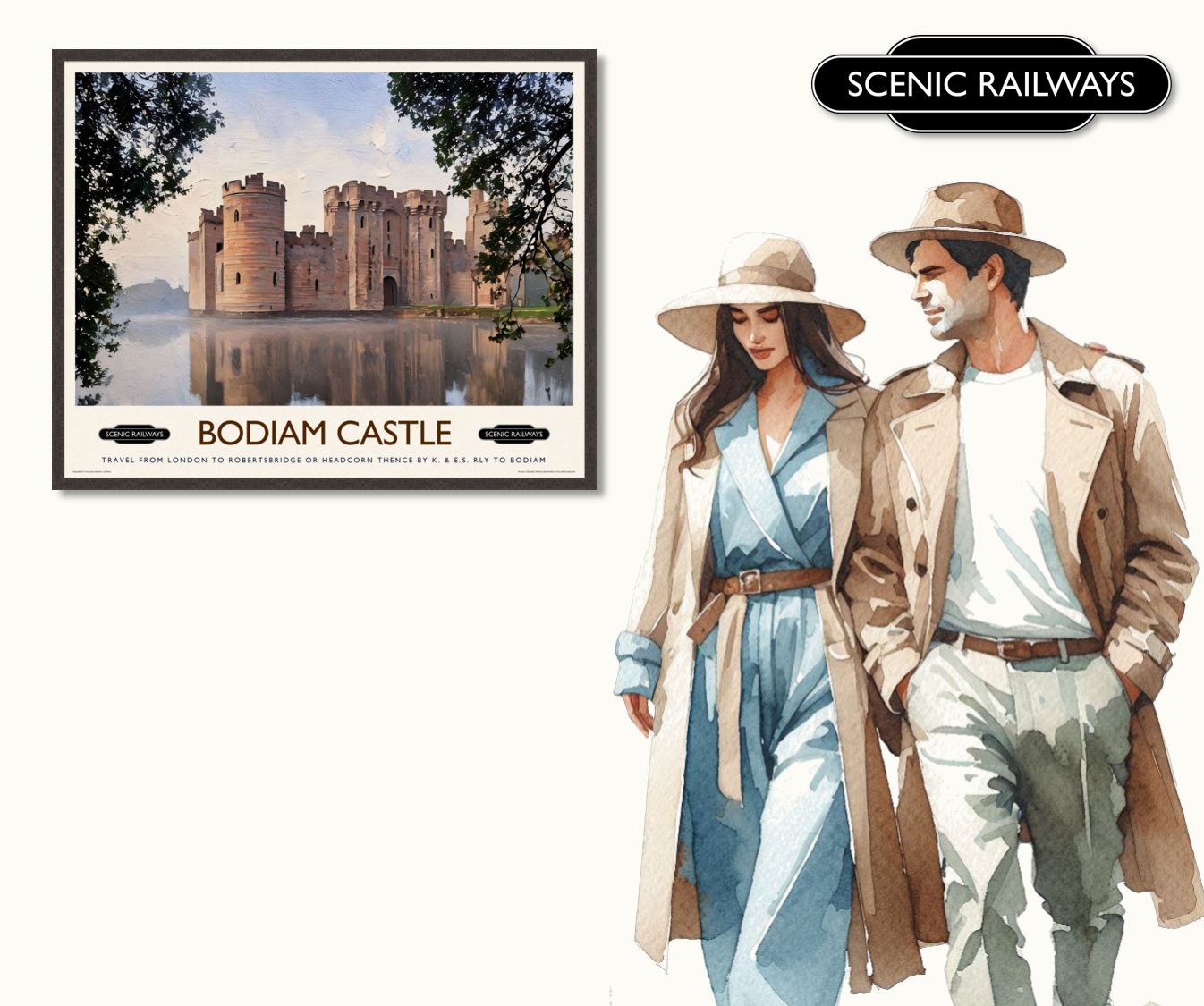 Vintage travel poster- Bodiam Castle, East Sussex - Scenic Railways