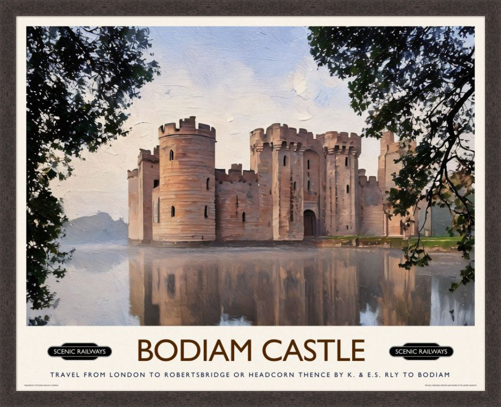 Vintage travel poster- Bodiam Castle, East Sussex - Scenic Railways