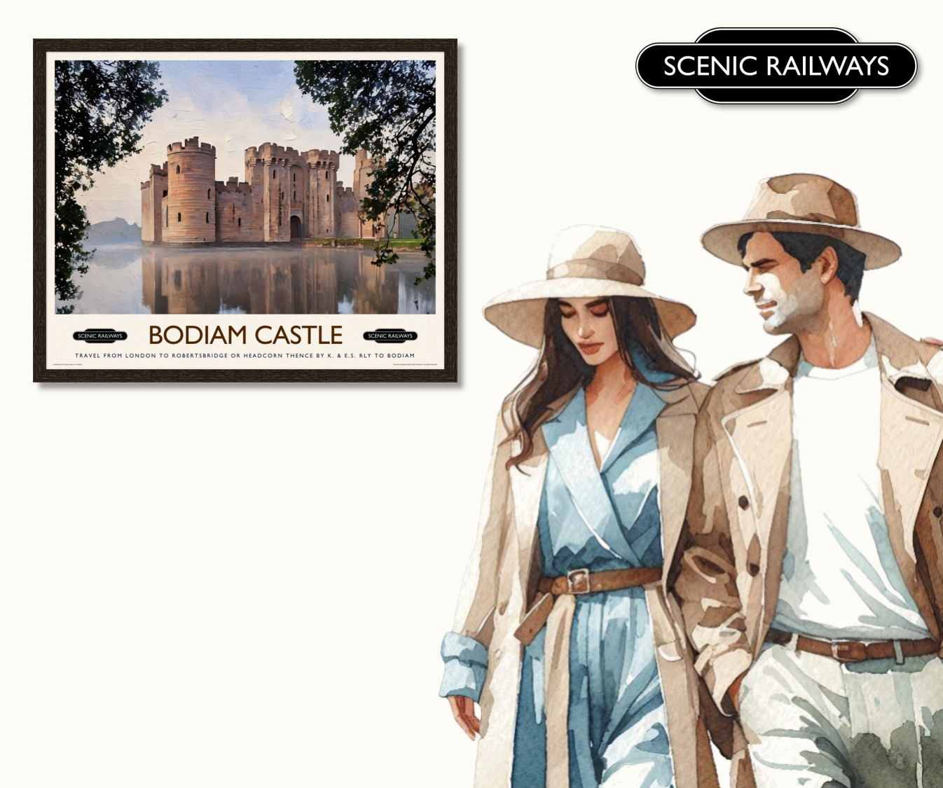 Vintage travel poster- Bodiam Castle, East Sussex - Scenic Railways