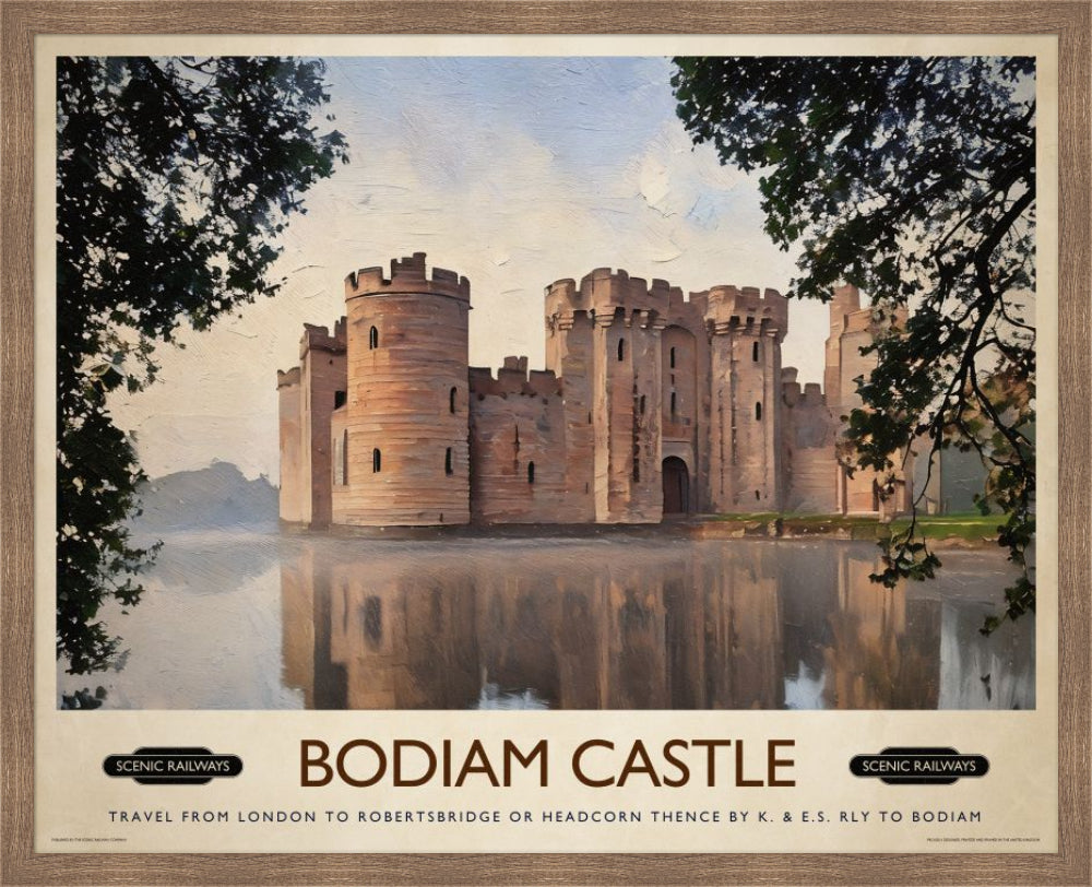 Vintage travel poster- Bodiam Castle, East Sussex - Scenic Railways