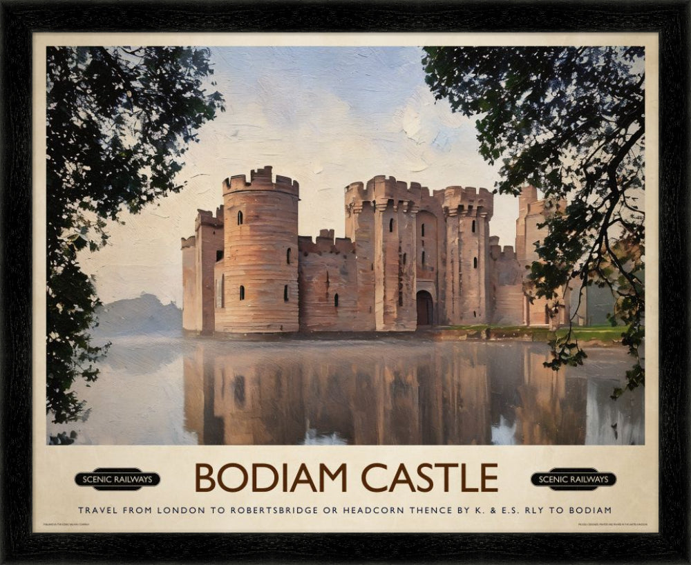Vintage travel poster- Bodiam Castle, East Sussex - Scenic Railways