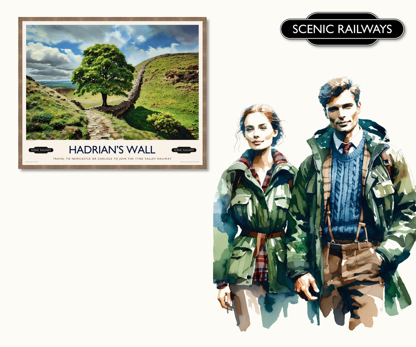 Vintage travel poster- Hadrian's Wall, Northumberland - Scenic Railways