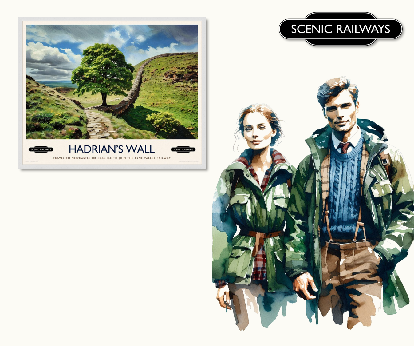 Vintage travel poster- Hadrian's Wall, Northumberland - Scenic Railways