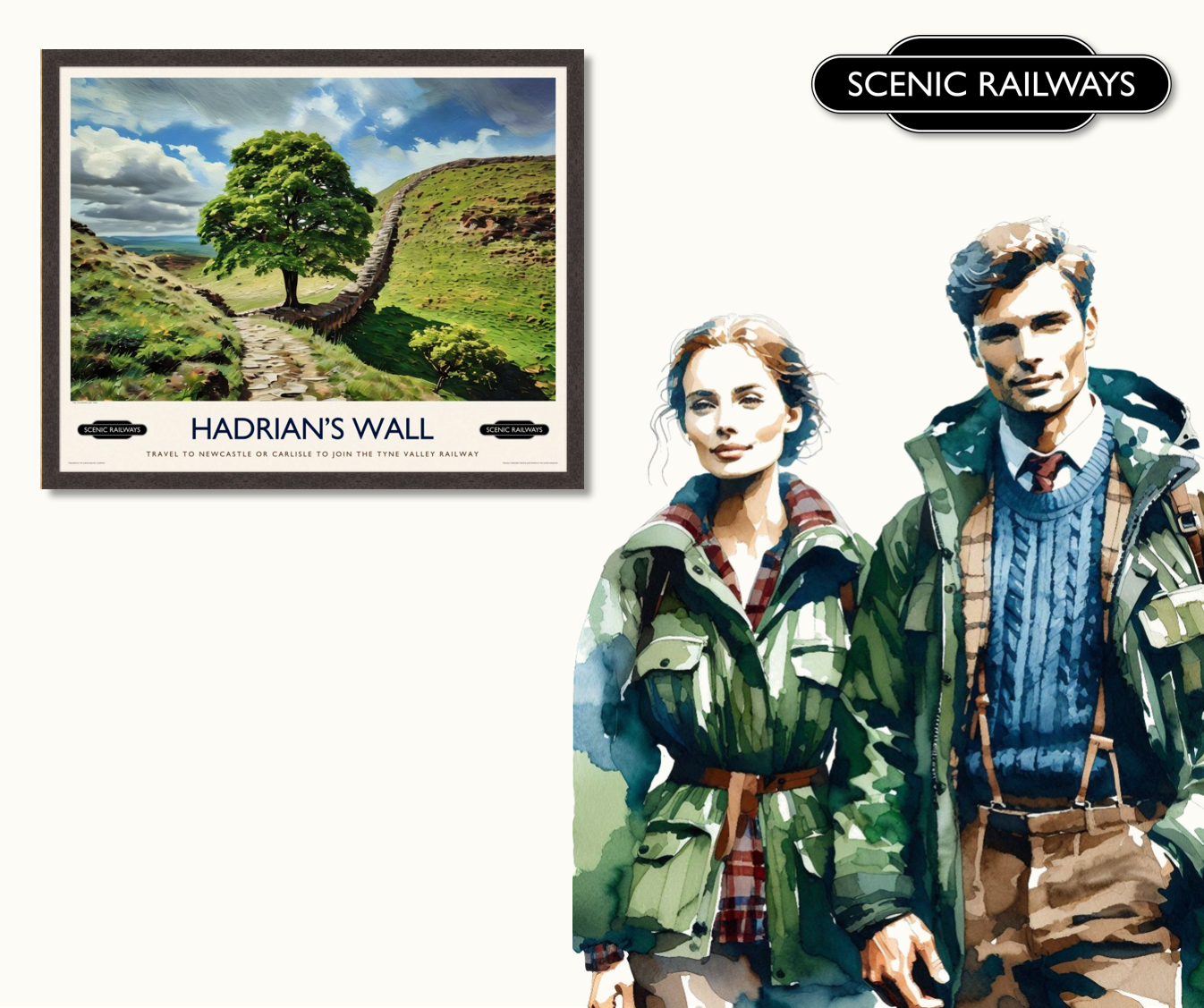 Vintage travel poster- Hadrian's Wall, Northumberland - Scenic Railways