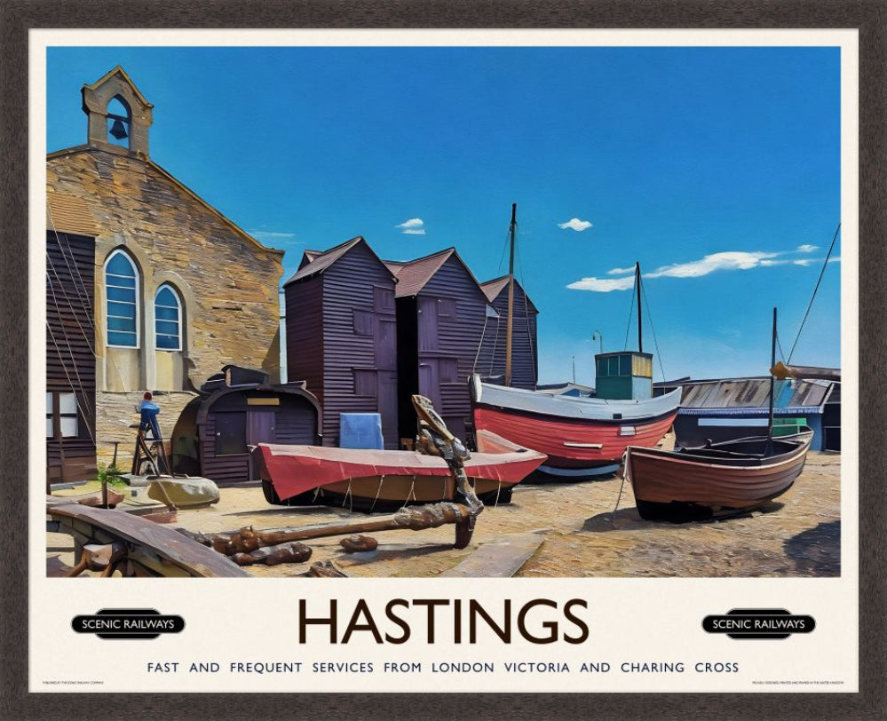 Vintage travel poster- Hastings, East Sussex - Scenic Railways