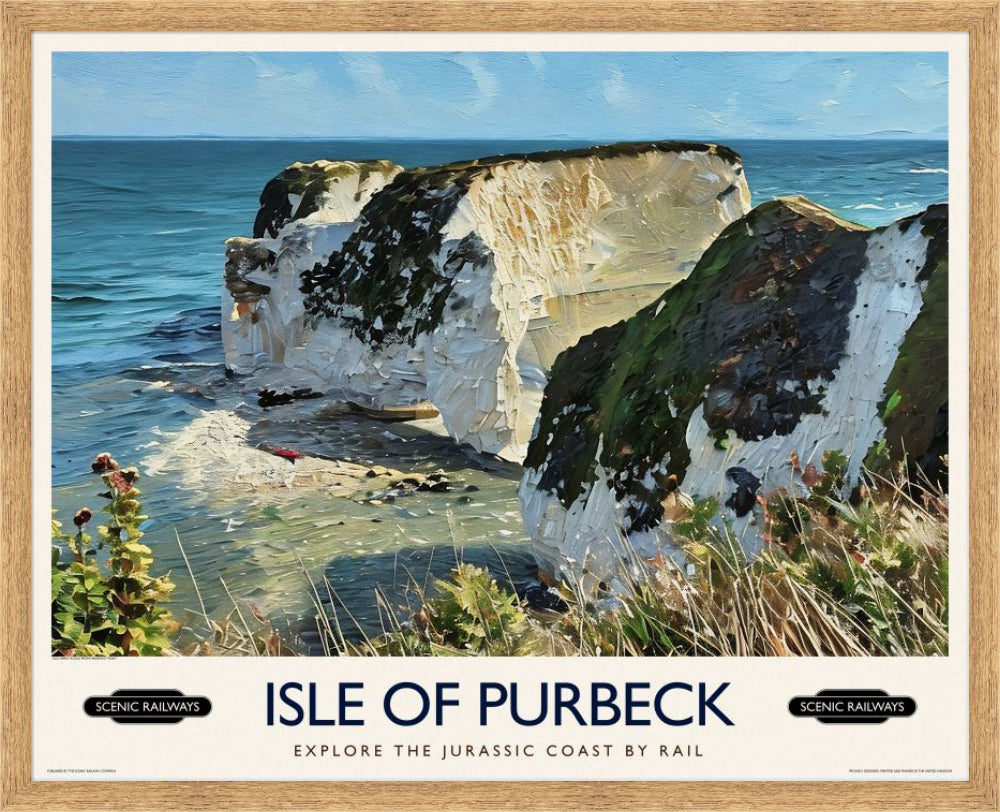 Vintage travel poster- Isle of Purbeck, Old Harry Rocks - Scenic Railways