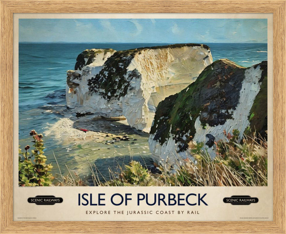 Vintage travel poster- Isle of Purbeck, Old Harry Rocks - Scenic Railways