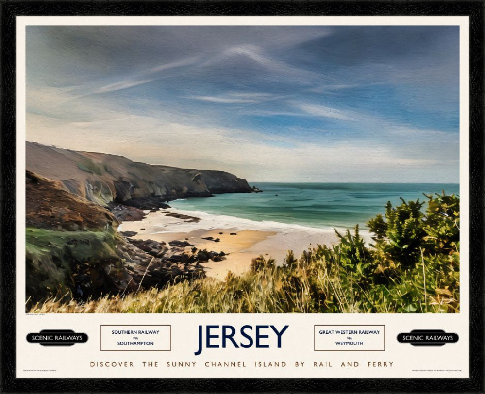 Vintage travel poster- Jersey, Plemont Bay - Scenic Railways