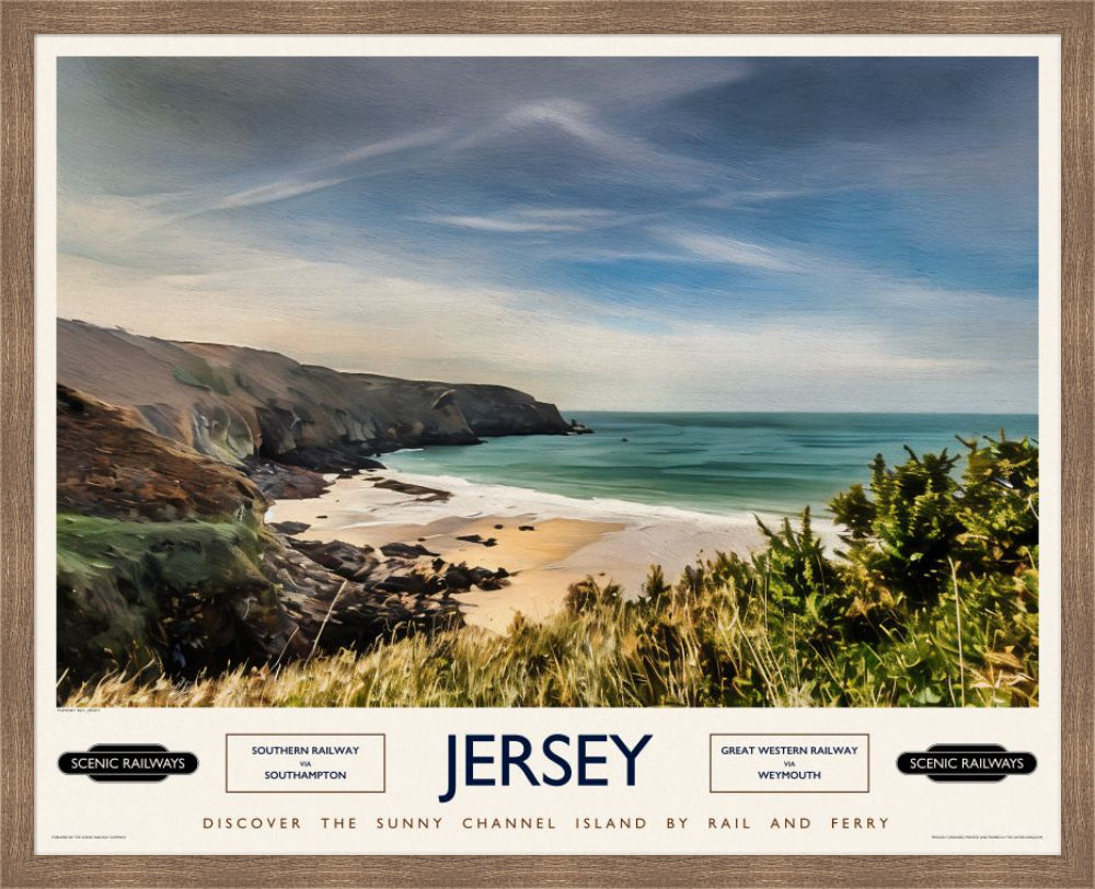 Vintage travel poster- Jersey, Plemont Bay - Scenic Railways