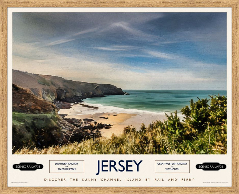 Vintage travel poster- Jersey, Plemont Bay - Scenic Railways
