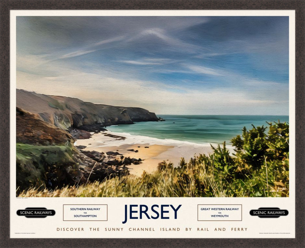 Vintage travel poster- Jersey, Plemont Bay - Scenic Railways