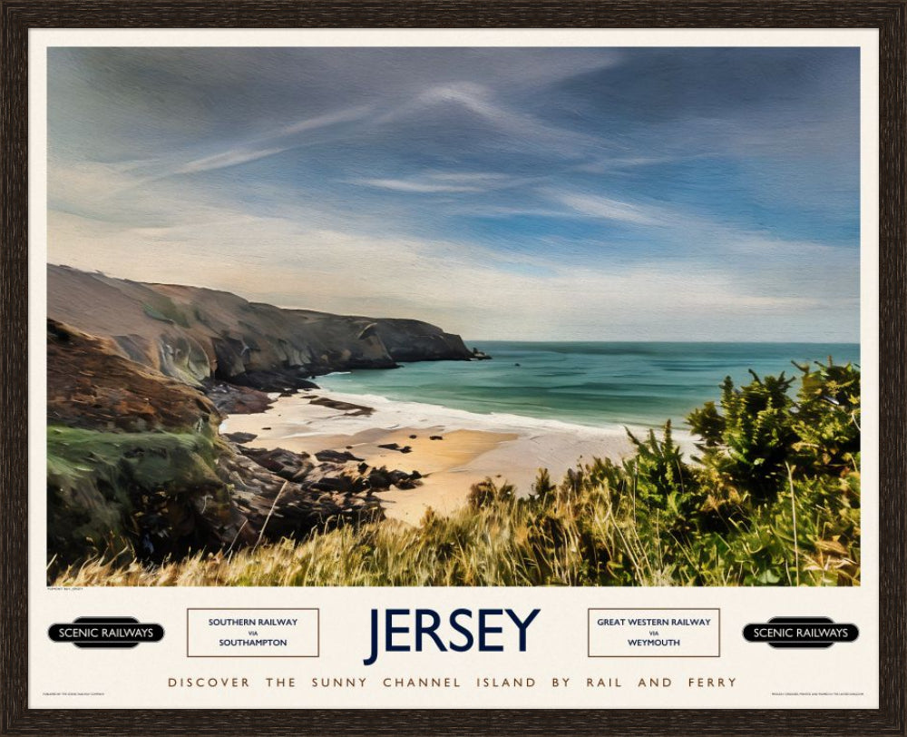 Vintage travel poster- Jersey, Plemont Bay - Scenic Railways