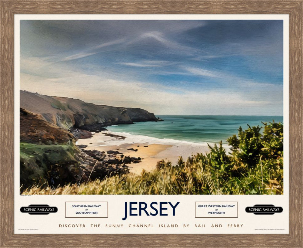 Vintage travel poster- Jersey, Plemont Bay - Scenic Railways