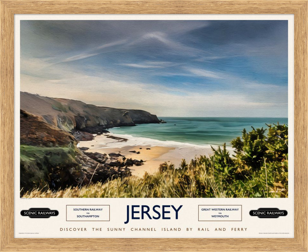 Vintage travel poster- Jersey, Plemont Bay - Scenic Railways