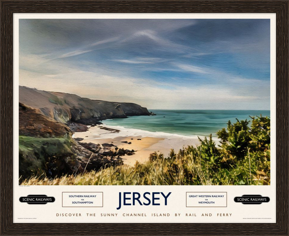 Vintage travel poster- Jersey, Plemont Bay - Scenic Railways