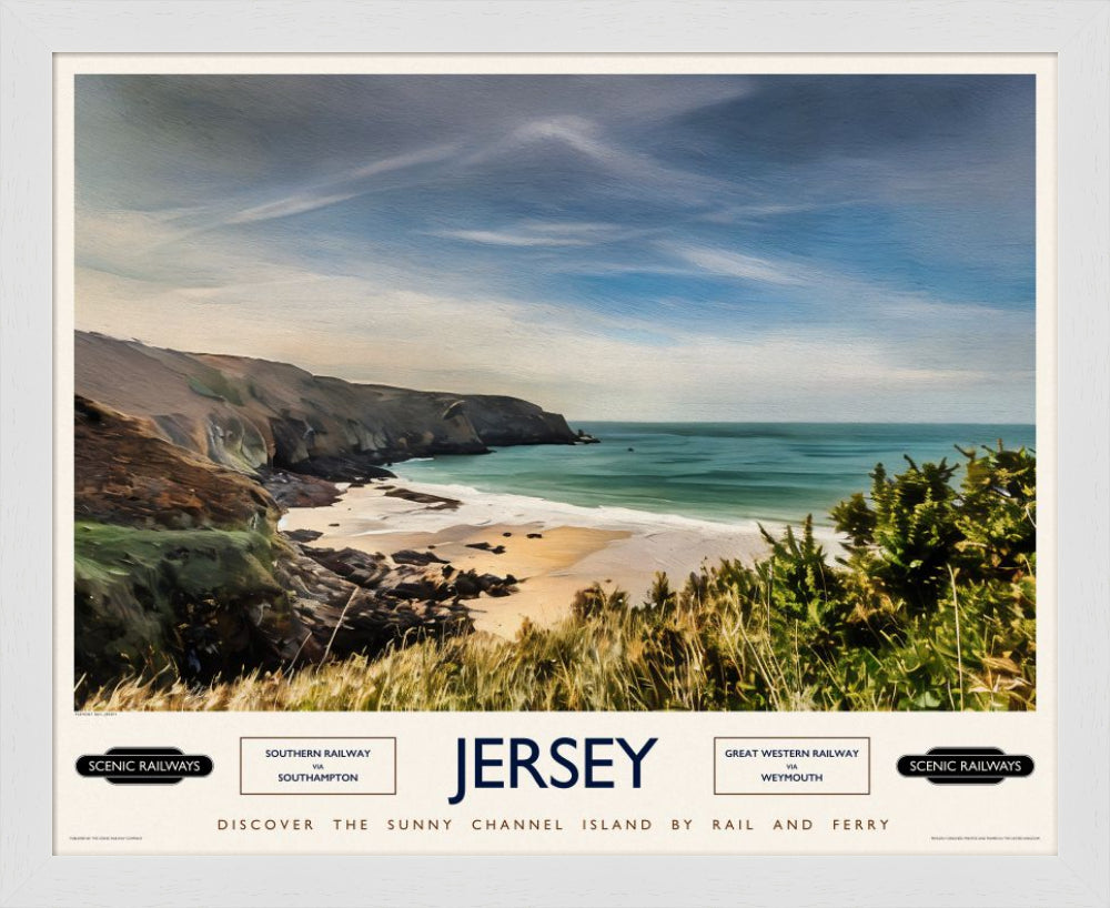 Vintage travel poster- Jersey, Plemont Bay - Scenic Railways