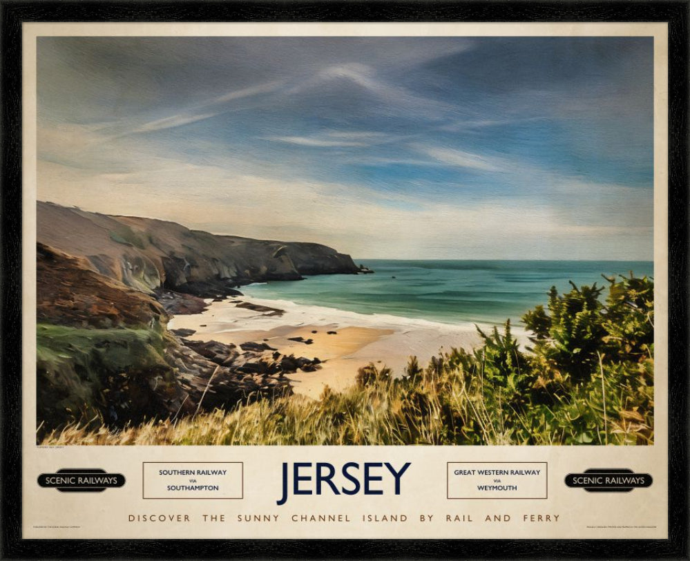 Vintage travel poster- Jersey, Plemont Bay - Scenic Railways