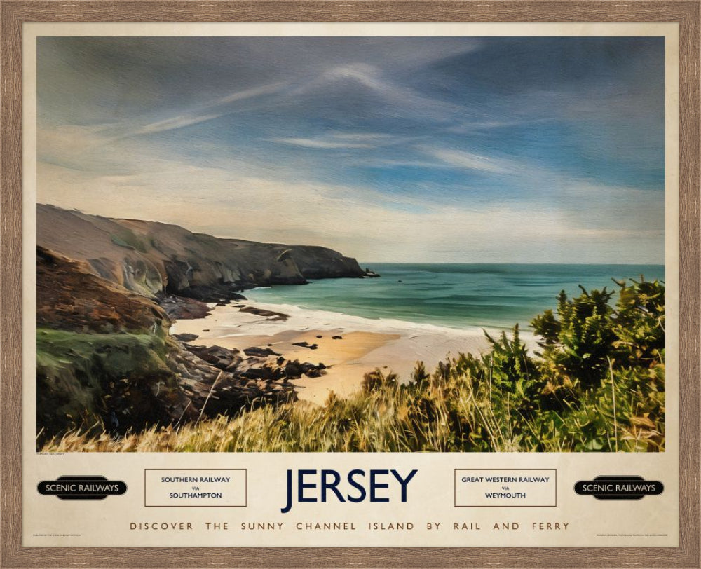 Vintage travel poster- Jersey, Plemont Bay - Scenic Railways