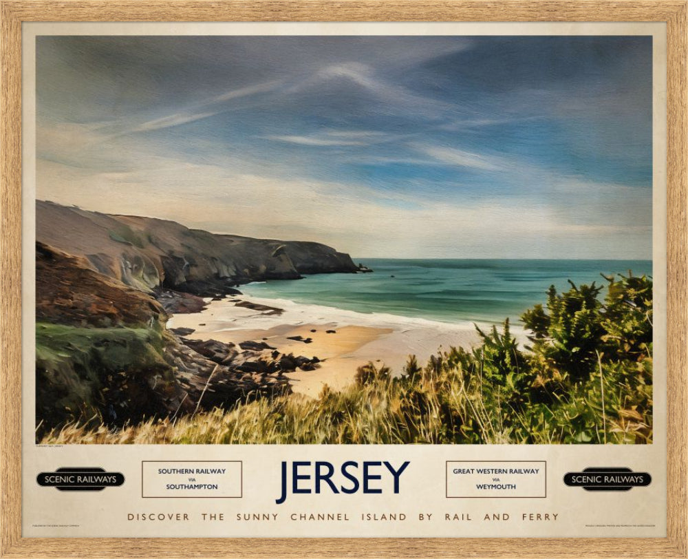 Vintage travel poster- Jersey, Plemont Bay - Scenic Railways