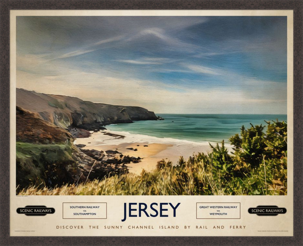 Vintage travel poster- Jersey, Plemont Bay - Scenic Railways