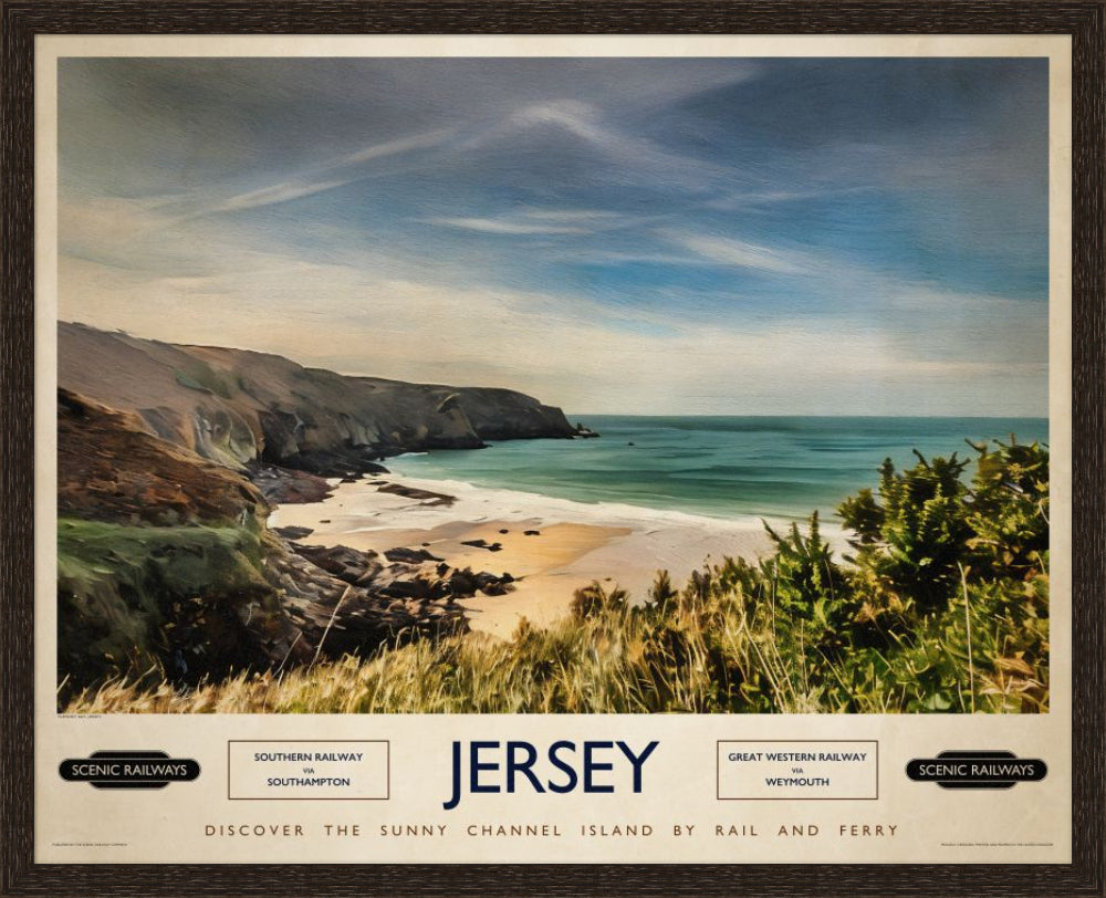 Vintage travel poster- Jersey, Plemont Bay - Scenic Railways