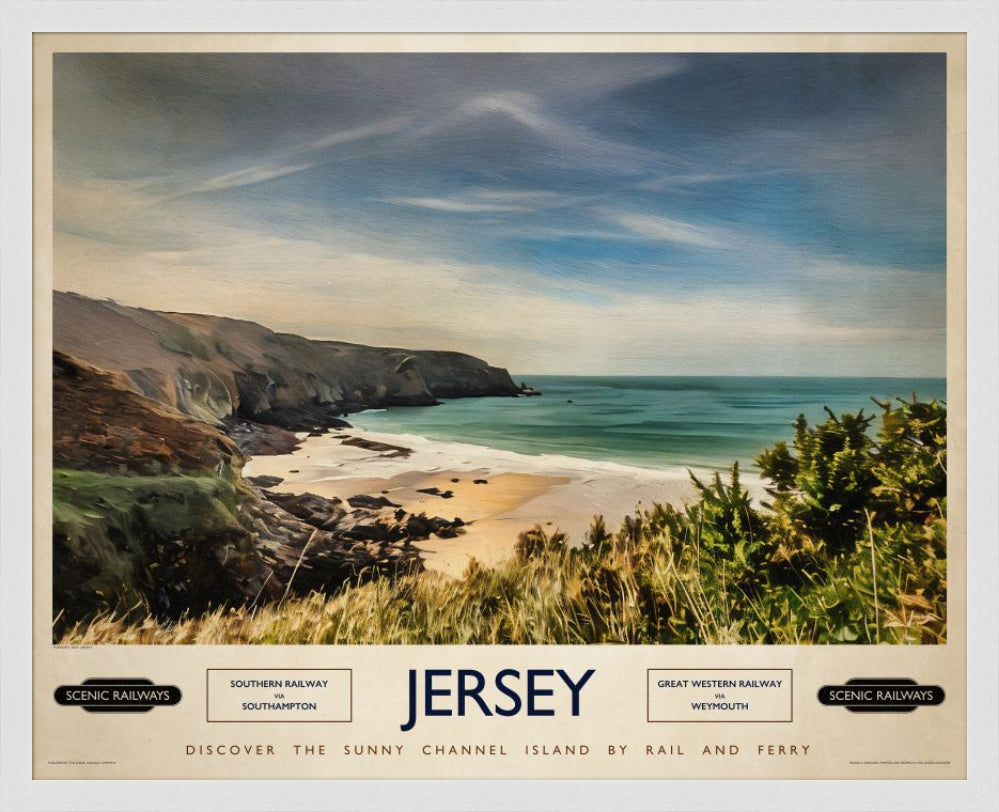 Vintage travel poster- Jersey, Plemont Bay - Scenic Railways
