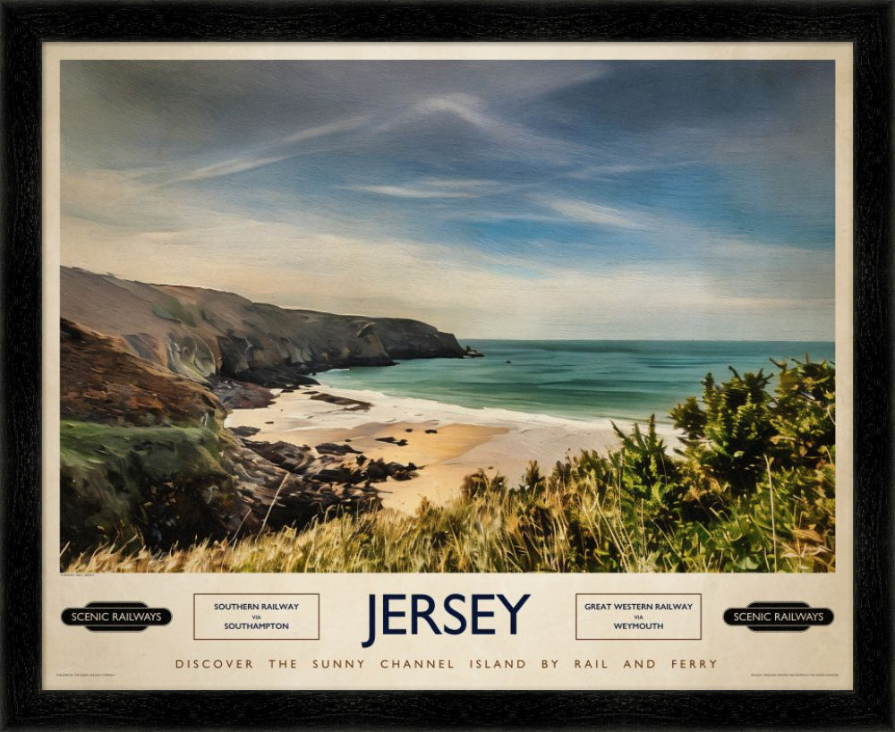 Vintage travel poster- Jersey, Plemont Bay - Scenic Railways