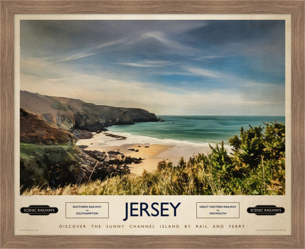 Vintage travel poster- Jersey, Plemont Bay - Scenic Railways