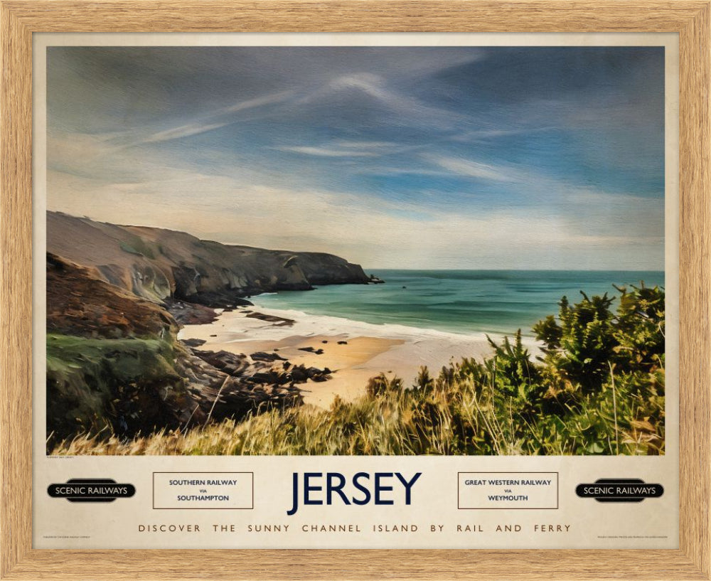Vintage travel poster- Jersey, Plemont Bay - Scenic Railways