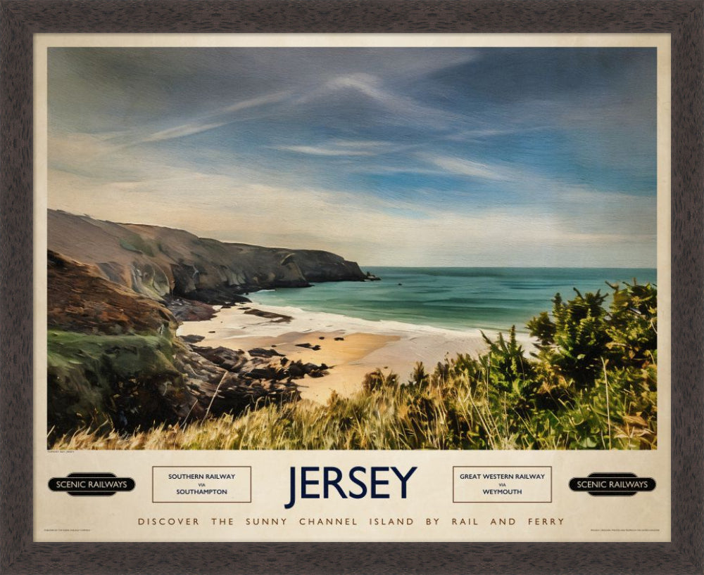 Vintage travel poster- Jersey, Plemont Bay - Scenic Railways