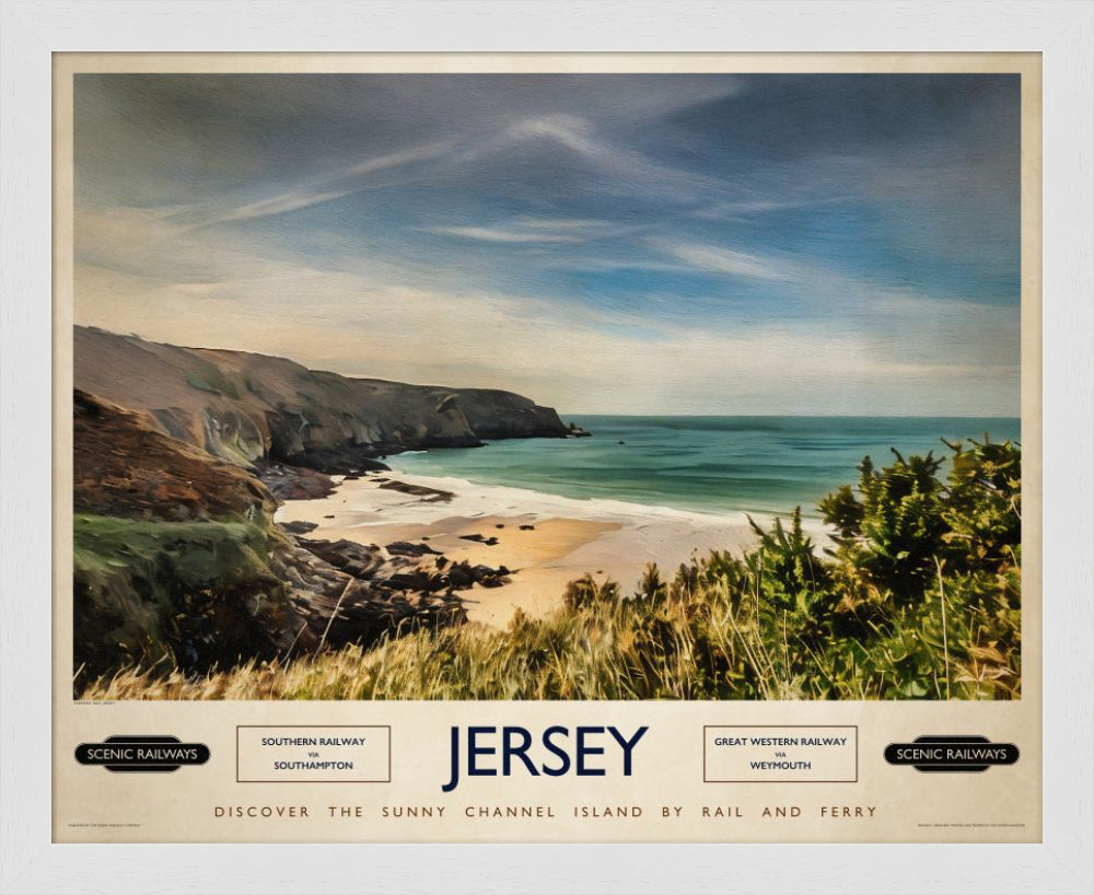 Vintage travel poster- Jersey, Plemont Bay - Scenic Railways
