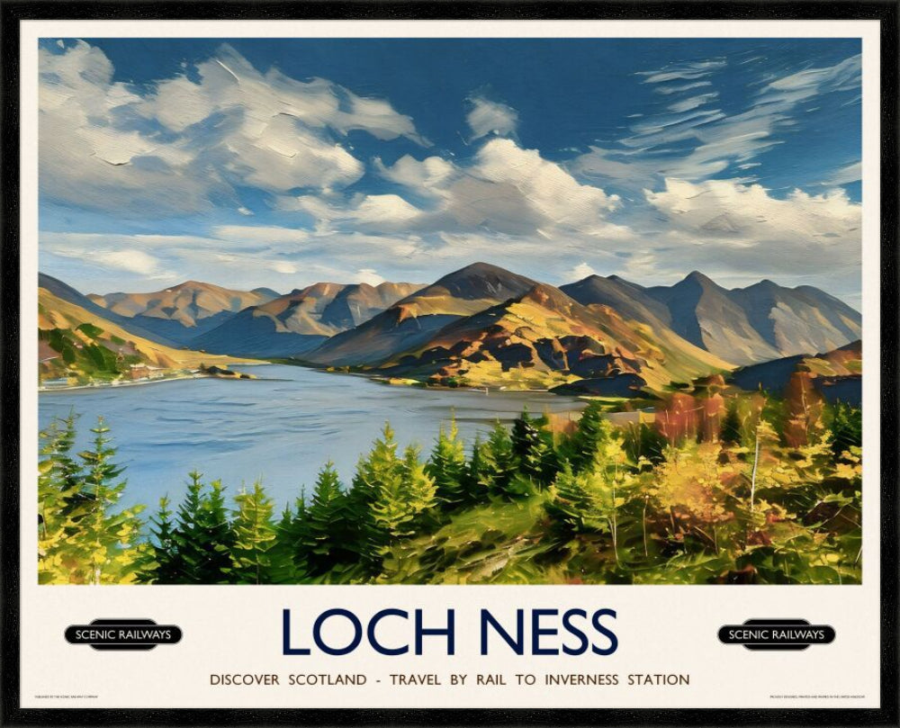 Vintage travel poster- Loch Ness, Scottish Highlands - Scenic Railways