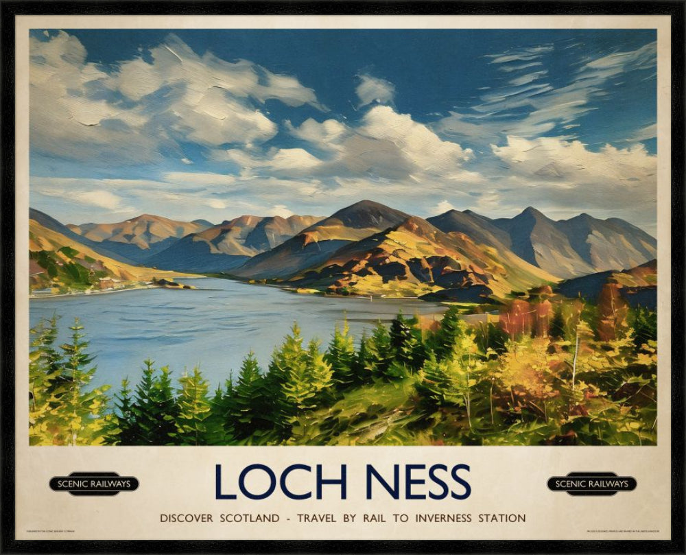 Vintage travel poster- Loch Ness, Scottish Highlands - Scenic Railways