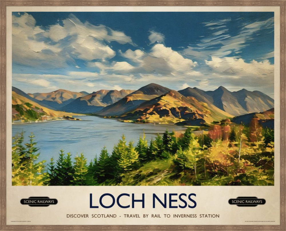 Vintage travel poster- Loch Ness, Scottish Highlands - Scenic Railways