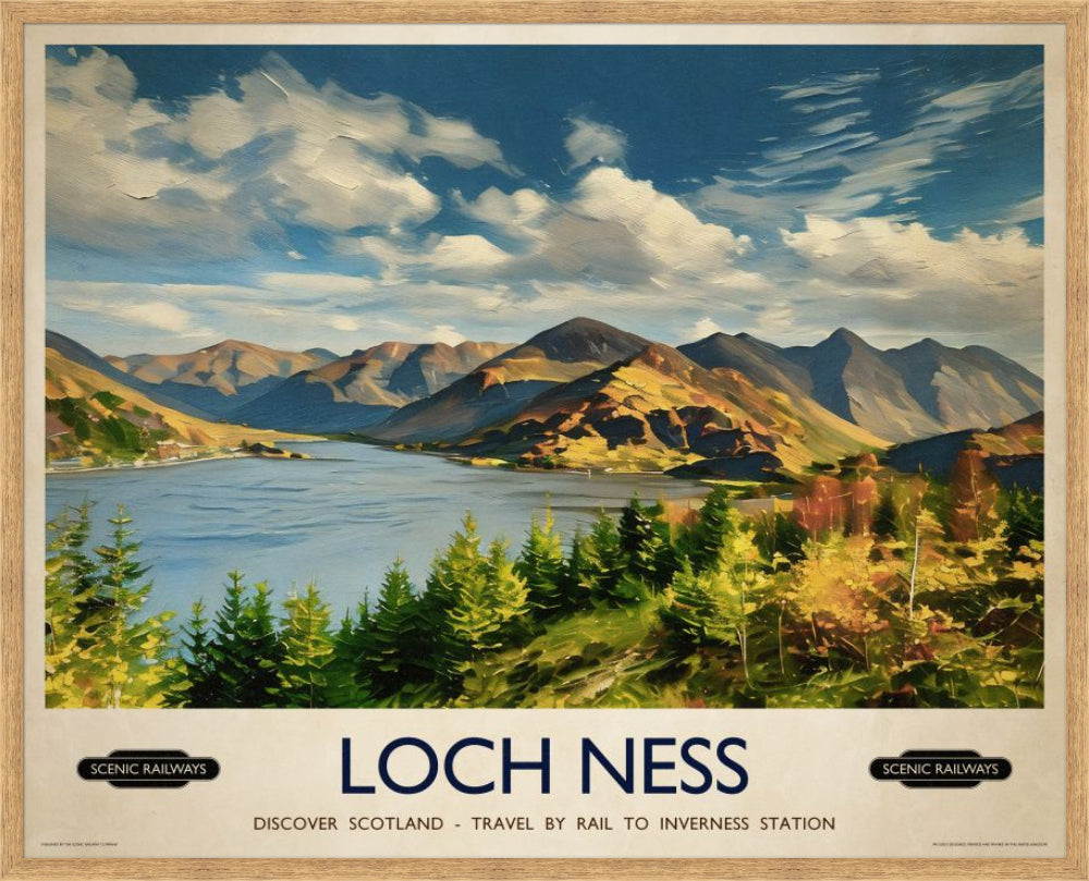 Vintage travel poster- Loch Ness, Scottish Highlands - Scenic Railways
