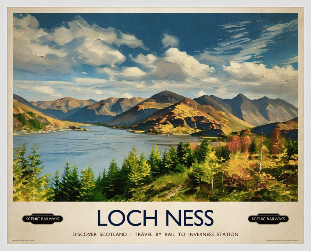 Vintage travel poster- Loch Ness, Scottish Highlands - Scenic Railways