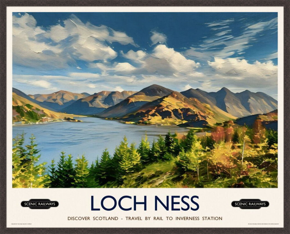 Vintage travel poster- Loch Ness, Scottish Highlands - Scenic Railways